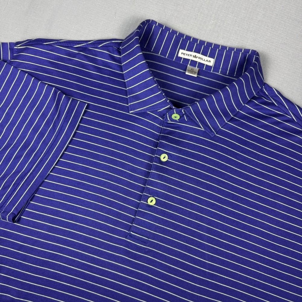 Peter Millar Mens XL Purple White Striped Cotton Polo Shirt Lime Green Accents